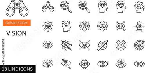 Set of vision and optical vector line icons featuring binoculars, eye, and target symbols with editable stroke for business design