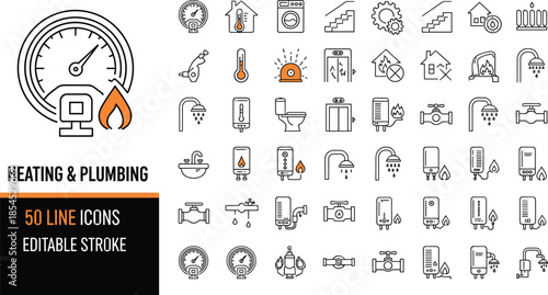 Set of heating and plumbing vector line icons featuring boiler faucet and pipe symbols with editable stroke for home repair service