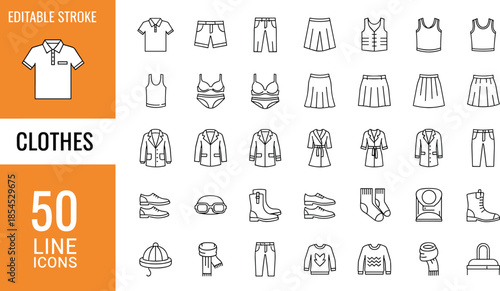 Set of clothes and fashion vector line icons featuring shirt pants and accessories with editable stroke for apparel store