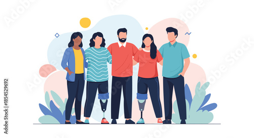 Inclusive group of diverse friends standing together and smiling, including two women with prosthetic legs, promoting accessibility and diversity.