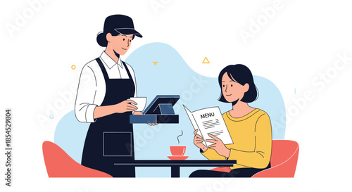 Female waitress in apron and cap serving a cup of fresh coffee to a woman customer reading a menu while sitting in a modern restaurant.