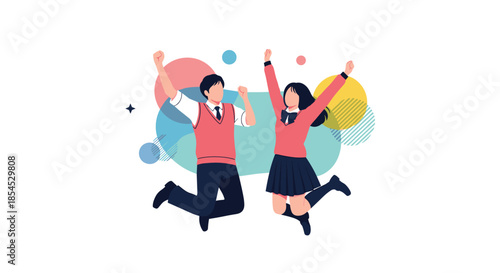 Two happy teenage students in school uniforms jumping high in the air with immense joy and success with colorful abstract background.