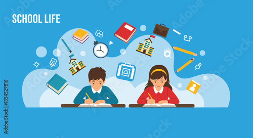 School life concept showing a boy and a girl student studying hard at their desks with various floating school and education icons.