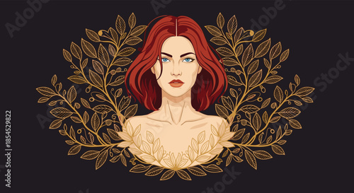 Beautiful portrait of an enchanting woman with vibrant red hair, framed by an elegant wreath of golden leaves and branches.
