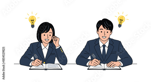 Male and female students in suits sitting at a table and writing in books while creative bright idea lightbulb icons float above them.