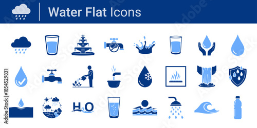 Water Flat Icons Set Blue Water Drops, Tap, Glass, Rain, Wave and Ecology Symbols
