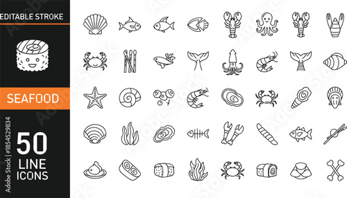 Set of seafood and ocean vector line icons featuring fish, crab, and sushi symbols with editable stroke for restaurant menu
