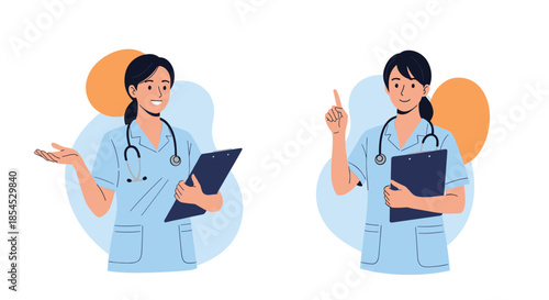 Professional female nurse in blue medical scrub holding a clipboard and gesturing while providing important health advice and care.