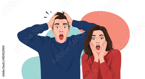 Young man and woman with hands on heads and faces showing extreme shock and huge surprise at very unexpected news or information.