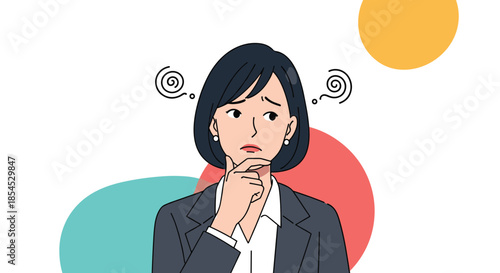 Confused businesswoman in suit touching her chin while thinking with dizzy swirl icons floating near her head in a complex situation.
