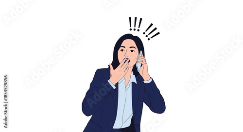 Surprised businesswoman in navy suit talking on smartphone with shocked facial expression and exclamation marks.