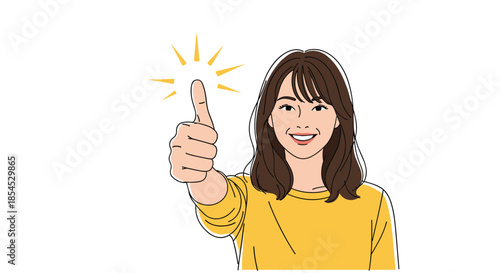Cheerful young woman with long hair smiling and giving a thumbs up gesture of approval and great personal success on white background.