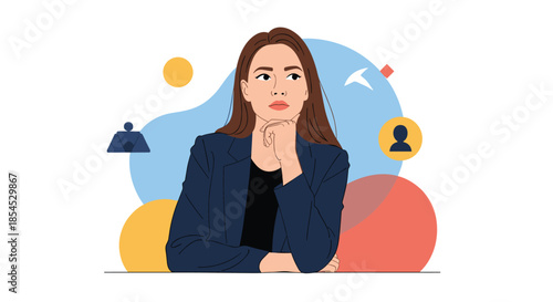 Thoughtful woman in business suit resting her chin on her hand while looking up with a pensive expression about her future career goals.