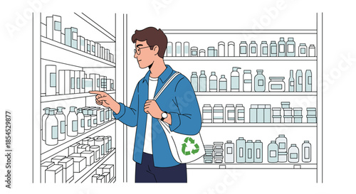 Young man with a green recycling tote bag shopping for various personal care products in a supermarket or local pharmacy store.
