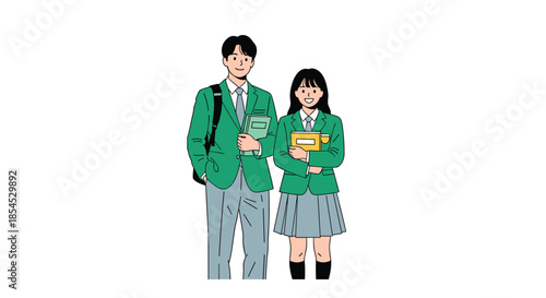 Two cheerful students a boy and a girl wearing matching green school uniforms and holding their colorful textbooks for learning.