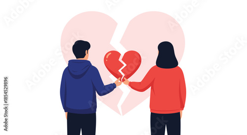 Young couple seen from behind, holding the two pieces of a large broken red heart, symbolizing a breakup or relationship problems.