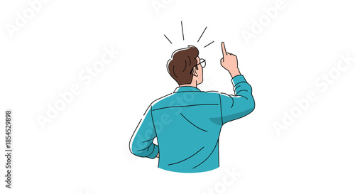 Back view of a man in a blue shirt pointing his finger upwards as if noticing something interesting or having a sudden creative idea.