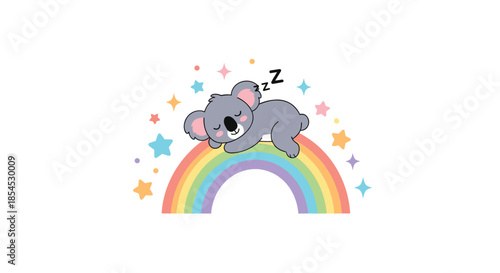 Adorable cartoon koala bear sleeping peacefully on a colorful rainbow, surrounded by multi-colored stars, perfect for nursery decor.