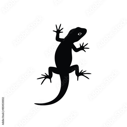 A cute cartoon lizard in a black silhouette with raised claws against a clean white background.