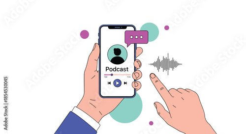 Hands holding a smartphone and interacting with a podcast application, showing a user profile, player controls, and a sound wave.