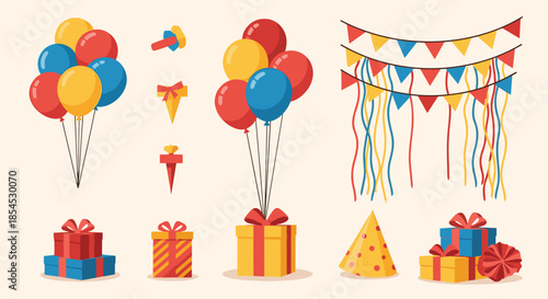 Colorful collection of birthday party decoration elements, including balloons, gift boxes, garlands, and a party hat for celebrations.