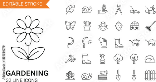 Set of gardening and nature vector line icons featuring farming tools, plants, and flowers with editable stroke for agriculture design