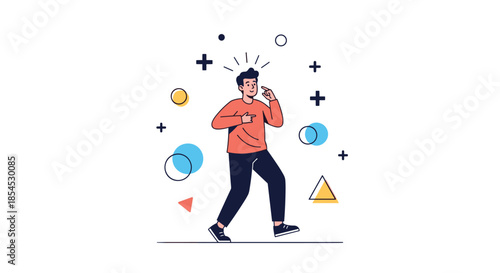 Confident young man pointing at himself with a bright idea, surrounded by abstract shapes, symbolizing self-awareness and innovation.