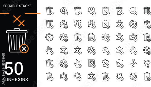 Set of delete and remove vector line icons featuring trash can, cancel symbols, and rejection marks with editable stroke for web design