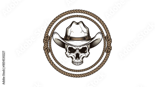 Vintage graphic of a human skull wearing a cowboy hat, framed by a lasso rope. Ideal for Wild West, outlaw, biker, and rodeo-themed designs or logos.