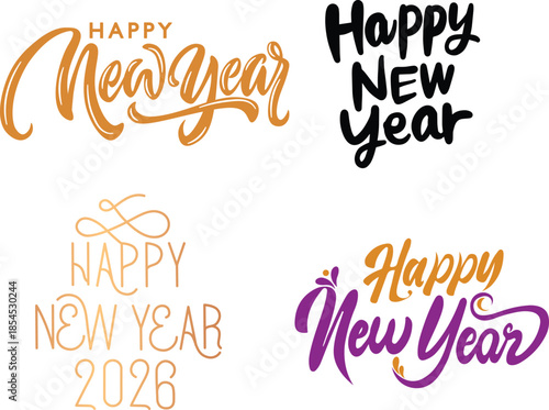 Happy New Year 2026 icon set. Unique 2026 logo design template. Festive, dynamic, and fun concept for New Year's Eve, party invitations, celebration. Vector illustration for greeting card, invitation.