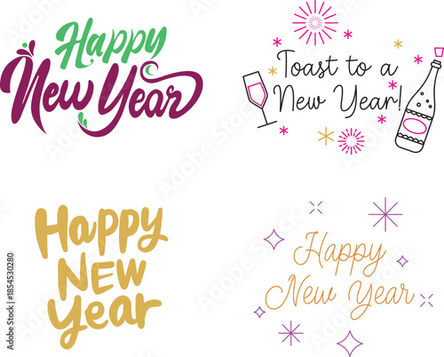 Happy New Year 2026 icon set. Unique 2026 logo design template. Festive, dynamic, and fun concept for New Year's Eve, party invitations, celebration. Vector illustration for greeting card, invitation.