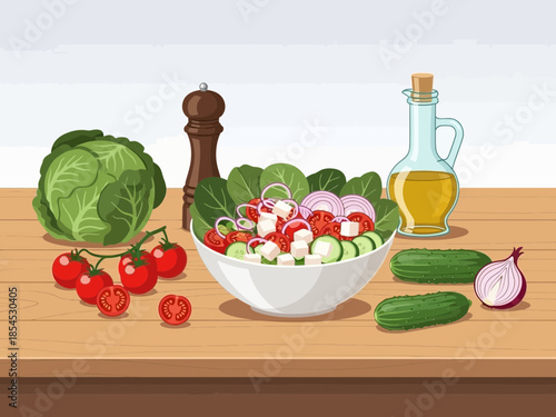 Fresh vegetable salad with assorted ingredients on a wooden table viewed from above