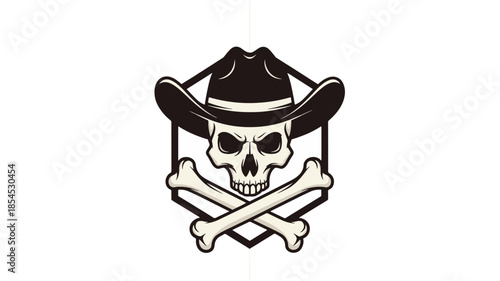 Outlaw skull wearing a cowboy hat with crossed bones logo design. Perfect for Western branding, motorcycle clubs, apparel, or vintage rodeo emblems.