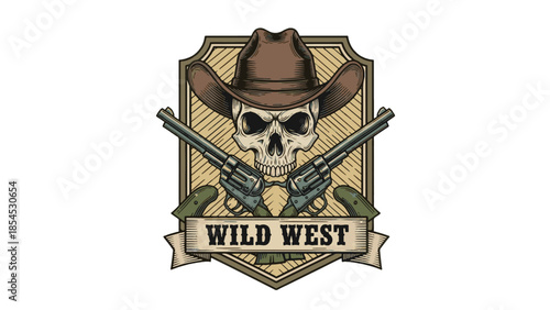 Vintage Wild West emblem featuring a rugged cowboy skull wearing a Stetson hat, crossed revolvers, and a banner. Perfect for apparel branding and poster design.