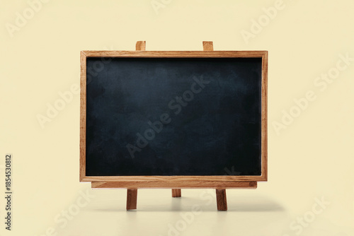 Empty chalkboard wooden easel on light background. Blank minimal blackboard with copy space for text, menu, education, business presentation concept.