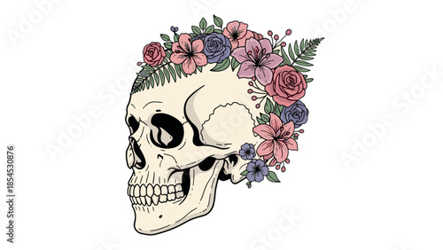 Hand-drawn vector illustration of a human skull adorned with a vibrant floral wreath of roses and ferns. A juxtaposition of mortality and natural beauty, perfect for apparel or edgy design.