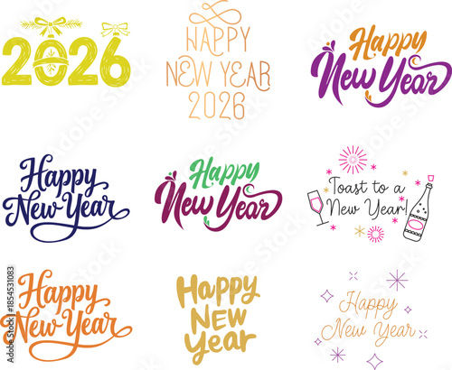 Happy New Year 2026 icon set. Unique 2026 logo design template. Festive, dynamic, and fun concept for New Year's Eve, party invitations, celebration. Vector illustration for greeting card, invitation.