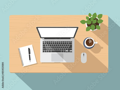 A modern workspace with a laptop, notebook, and coffee on a wooden desk