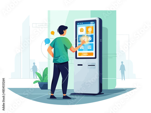 A man using a digital kiosk in a modern urban environment with a cityscape in the background