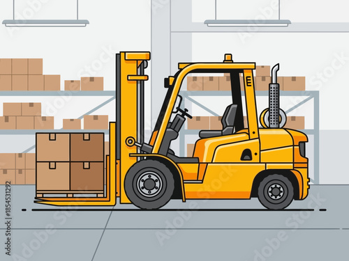 Forklift loading crates in a warehouse with shelves full of boxes
