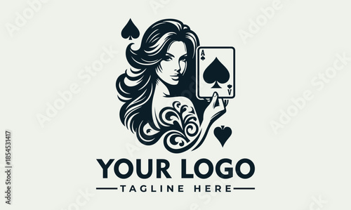 Vector logo featuring a woman with long hair holding poker cards with spade symbols on a light green background with space for custom logo text.
