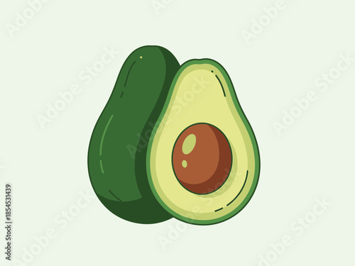 A ripe avocado cut in half revealing its creamy interior and single seed on a plain background