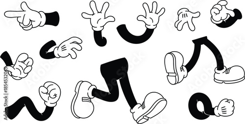Vintage cartoon-style expressive arms and legs in dynamic poses, vector design for animation, character creation, or retro illustration.