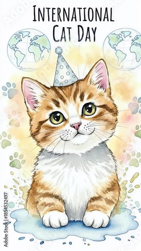 Wallpaper Mural International Cat Day Cute Orange Tabby Kitten Wearing Party Hat Watercolor Torontodigital.ca