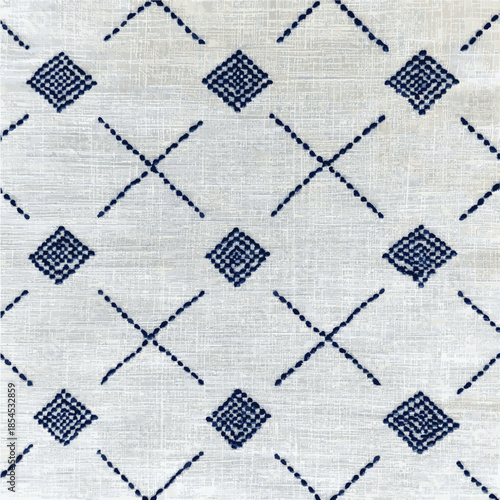 Indigo Stitched Diamond and X Geometric Pattern on White Fabric