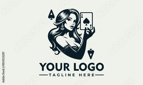 Vector logo of a woman holding a poker card with spade suit, surrounded by playing card symbols and customizable text on a light green background.