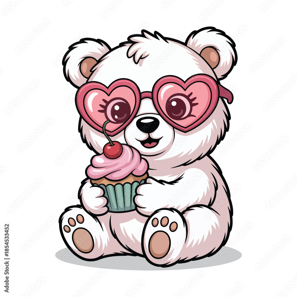 Obraz premium A cute cartoon illustration of a white fluffy bear wearing heart-shaped glasses in pink. The bear has a cupcake in his hand.