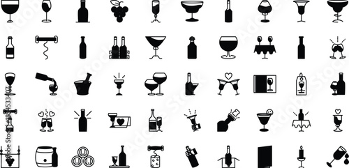 Wine solid icon set. bottles, glasses, grapes, barrel, corkscrew, wine icons collection