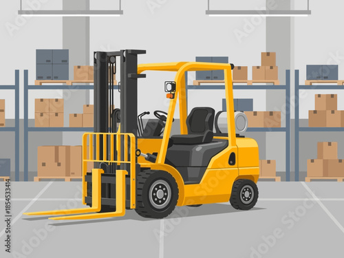 A yellow forklift is operating in a warehouse with boxes on shelves and on the floor