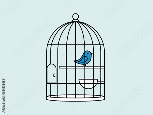 A blue bird perched inside a simple black wire cage on a light background viewed from the side